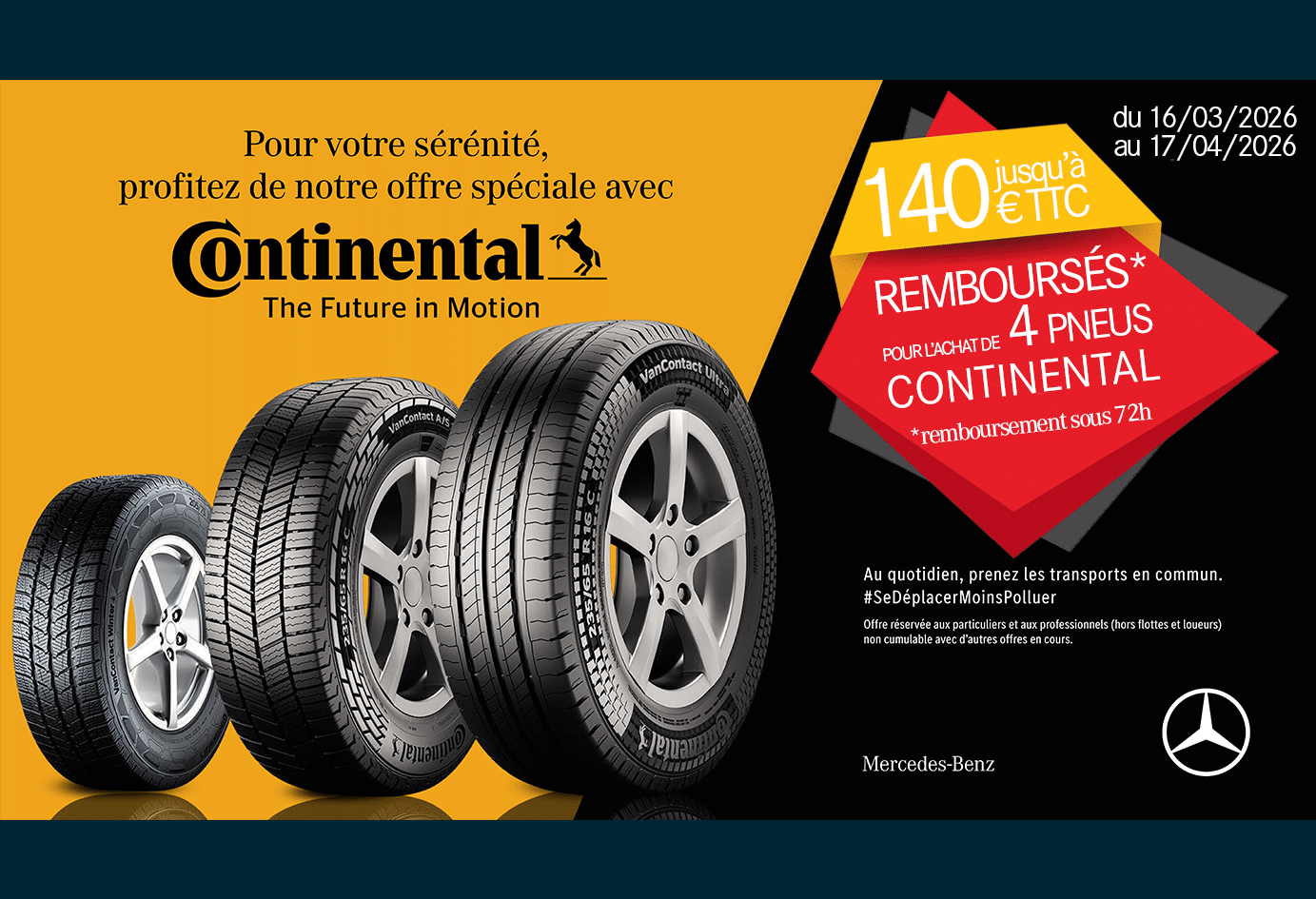 Offre spéciale pneus Continental : jusqu’à 140 € TTC remboursés dans nos ateliers Mercedes‑Benz
