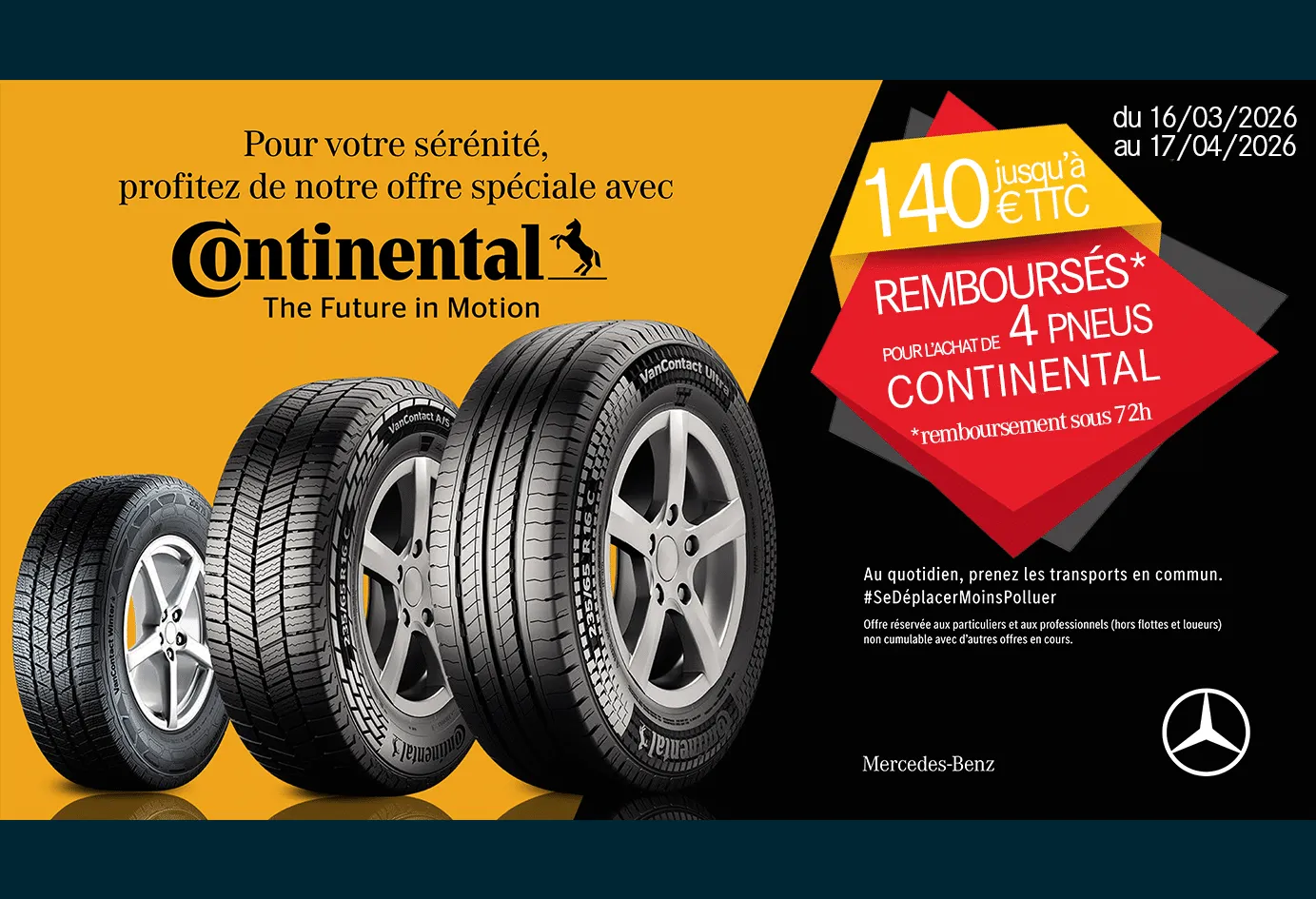 Offre spéciale pneus Continental : jusqu’à 140 € TTC remboursés dans nos ateliers Mercedes‑Benz