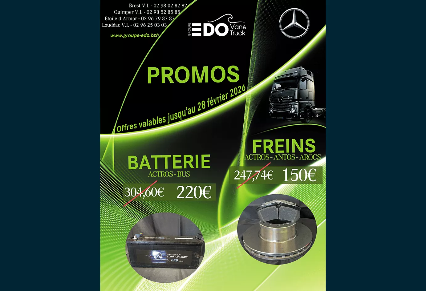 Promo pièces camions Mercedes‑Benz : batteries et freins Actros en réduction au Groupe EDO Van & Truck