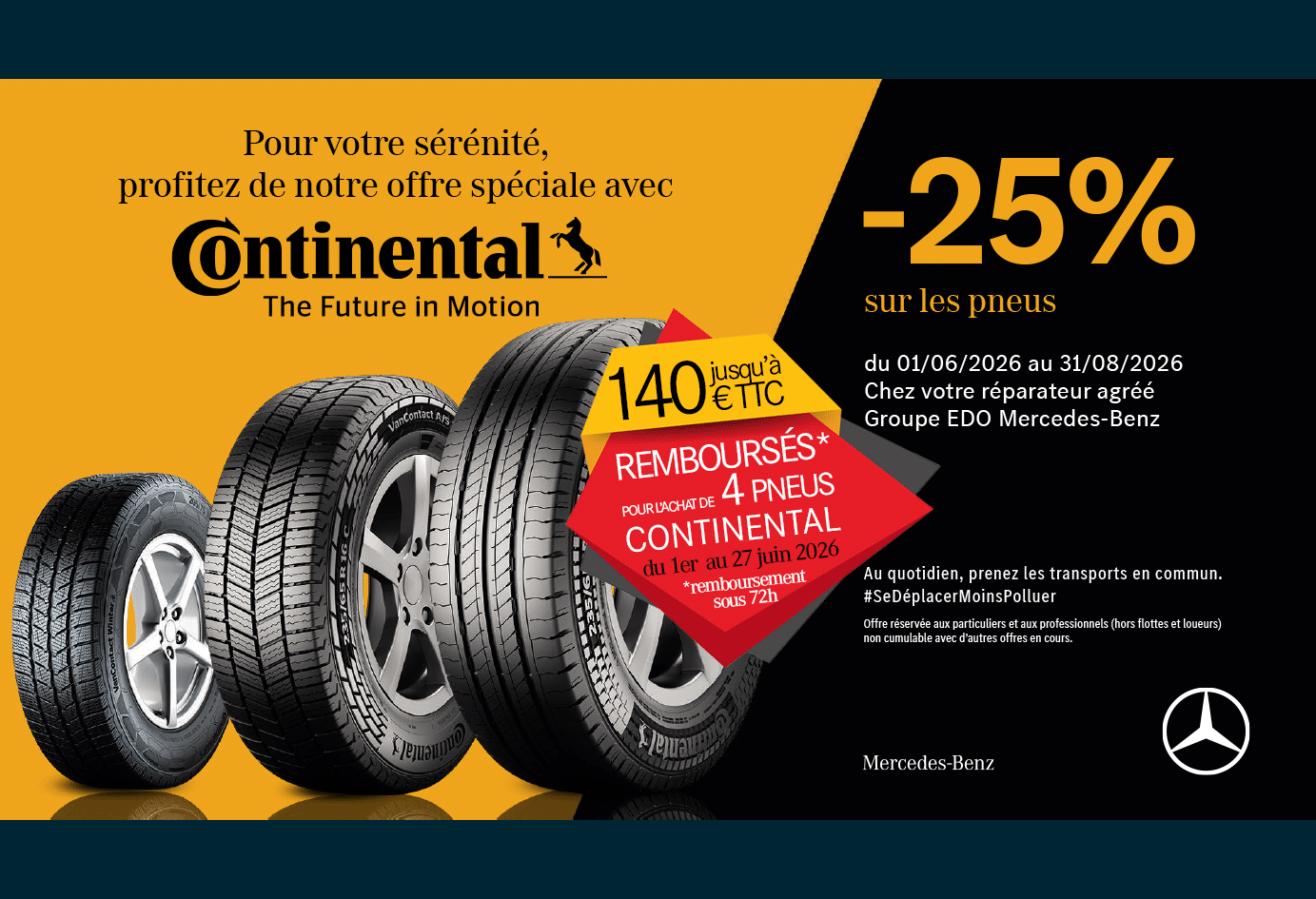 Offre spéciale pneus Continental : jusqu’à 140 € TTC remboursés dans nos ateliers Mercedes‑Benz