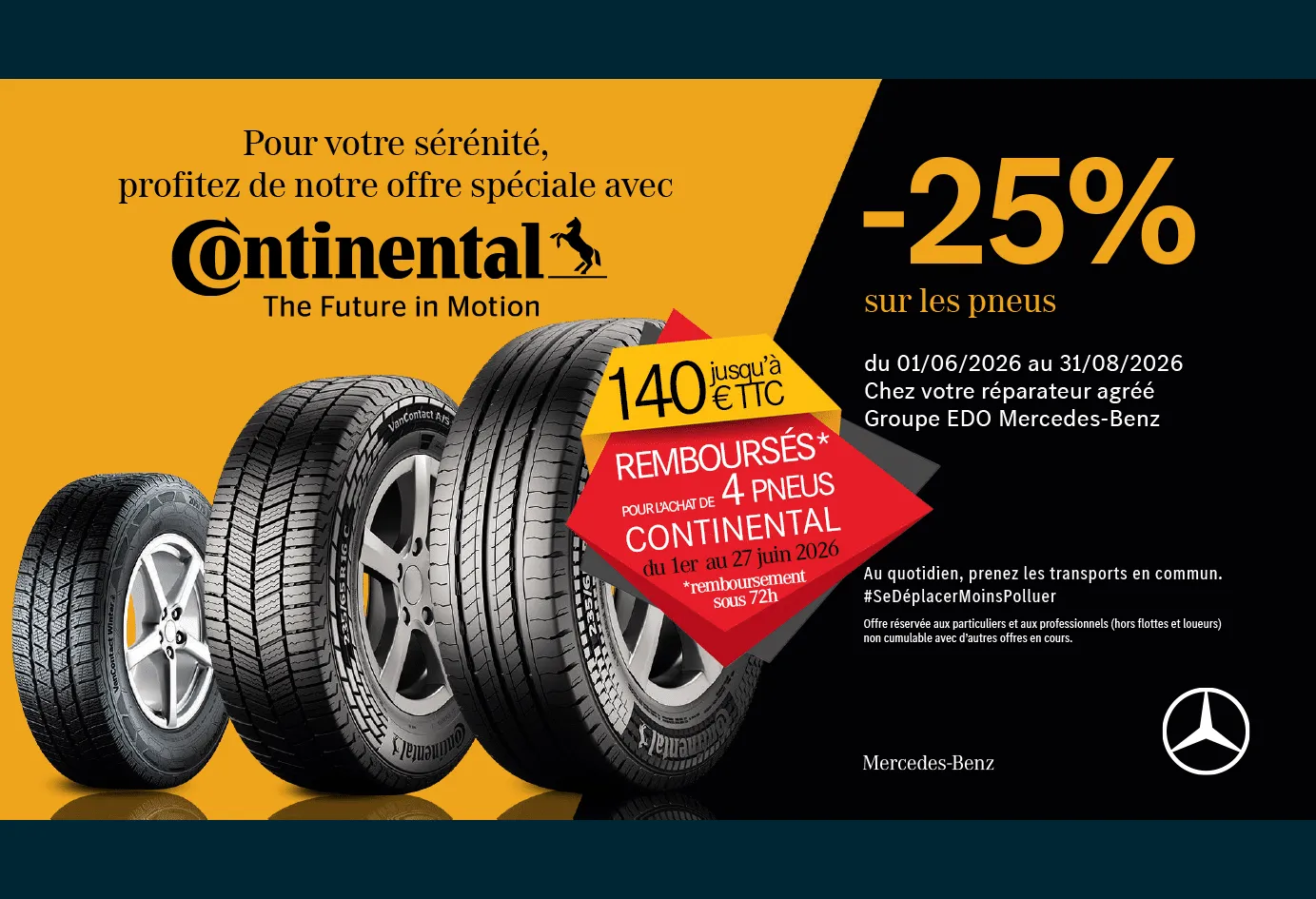 Offre spéciale pneus Continental : jusqu’à 140 € TTC remboursés dans nos ateliers Mercedes‑Benz
