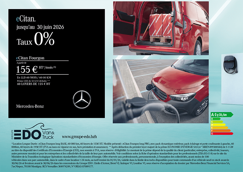 Mercedes‑Benz eCitan Fourgon électrique : taux 0 % et LLD dès 155 € HT/mois jusqu’au 30 juin 2026