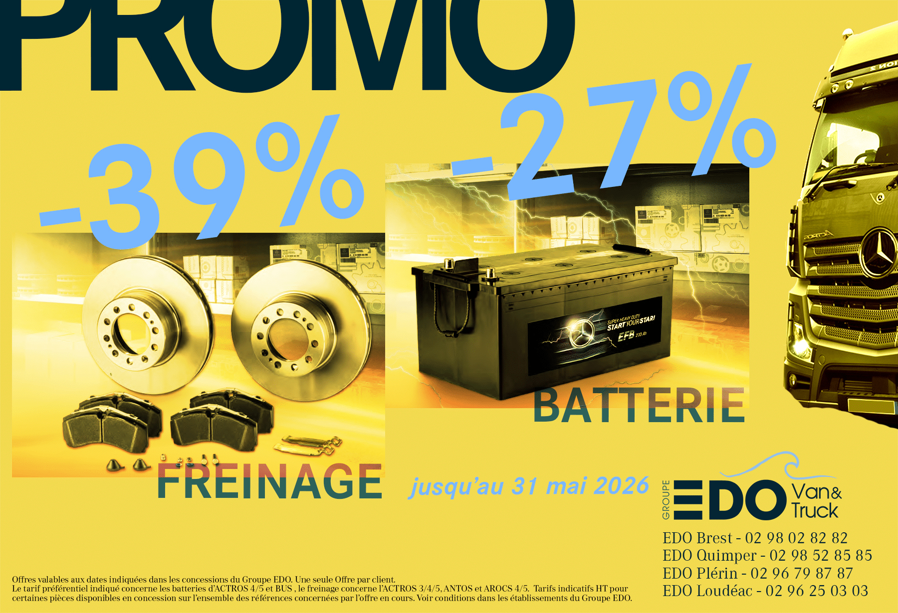 Promo pièces détachées véhicules industriels : batteries & freinage à prix exceptionnels